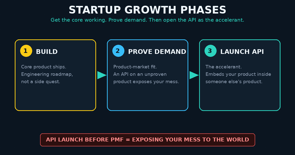 Diagram of three startup growth phases: build the core product, prove demand, then launch the API as the accelerant